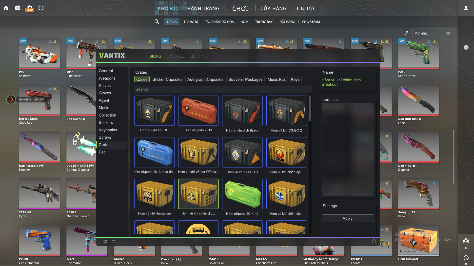 Giao diện Vantix: Crates
