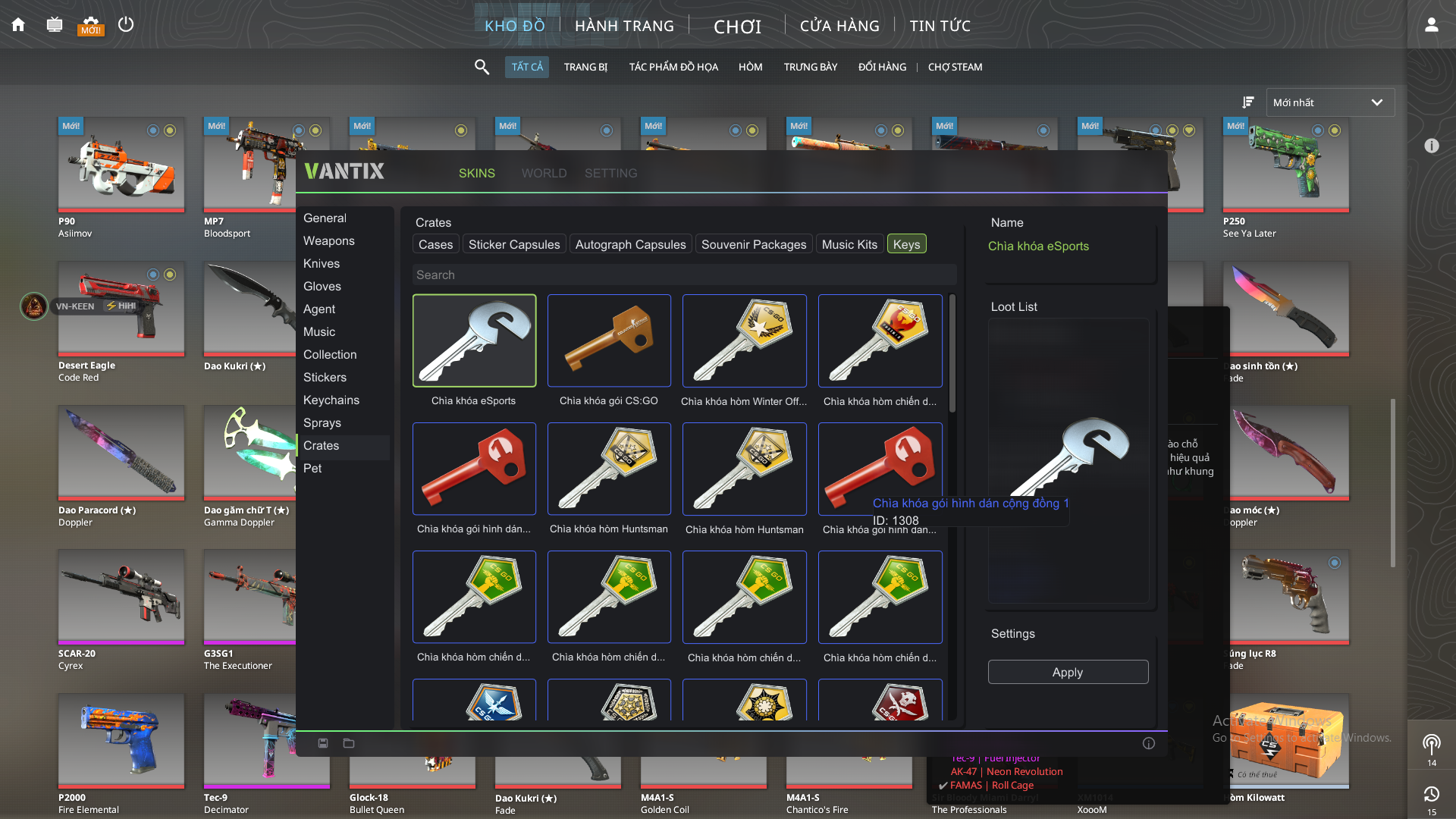 Giao diện Vantix: Keys